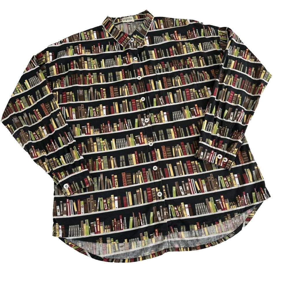 Vtg Signals Women's XL Bookshelf Books Long Sleeve Button Shirt Library Teacher - Picture 1 of 11